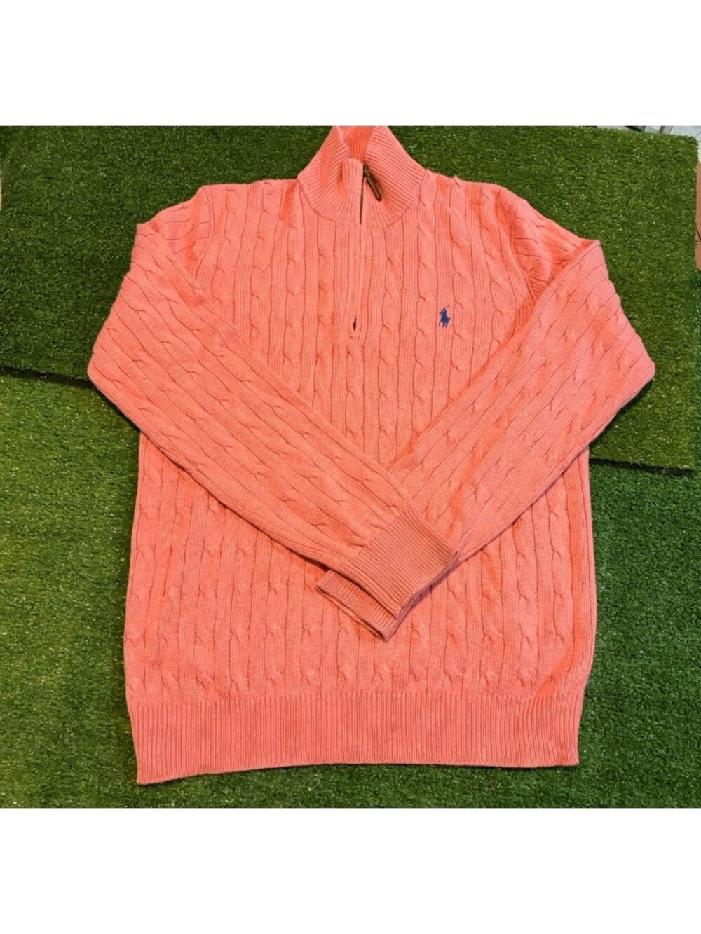 Vintage Ralph Lauren polo mens 1/4 zip mens large pink tussahm silk cable knit